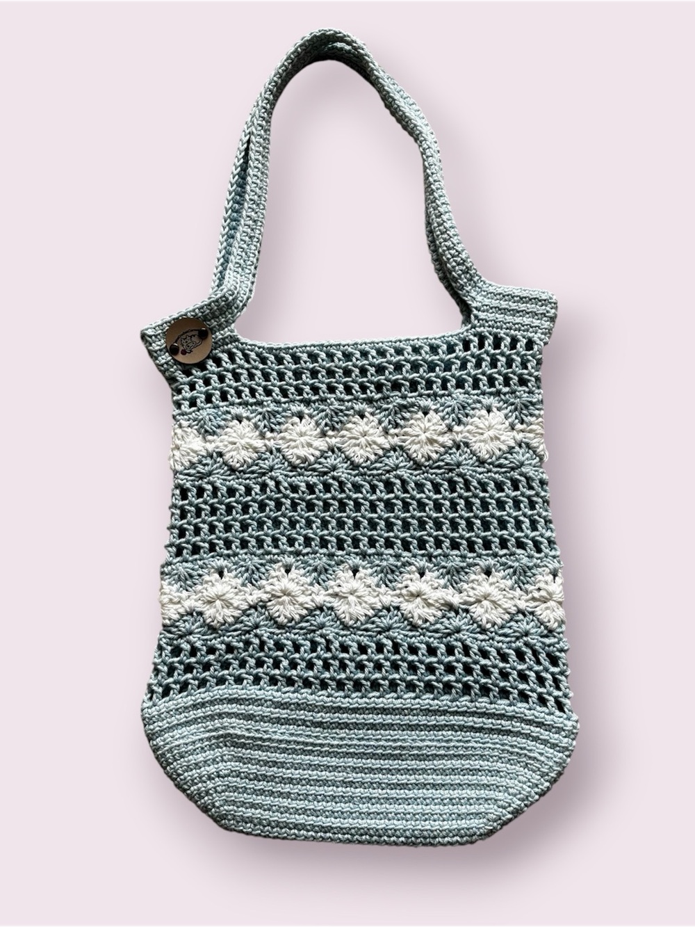 Baby Blue White Crochet Mesh Tote Floral Market Bag